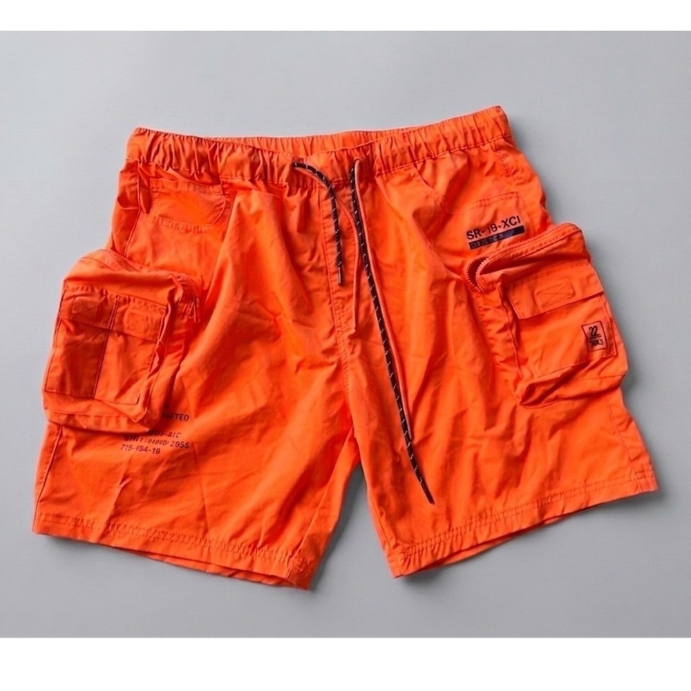 Decibel Mens Neon‎ Orange Cargo Shorts Techwear Utility Streetwear Sz S Vacay